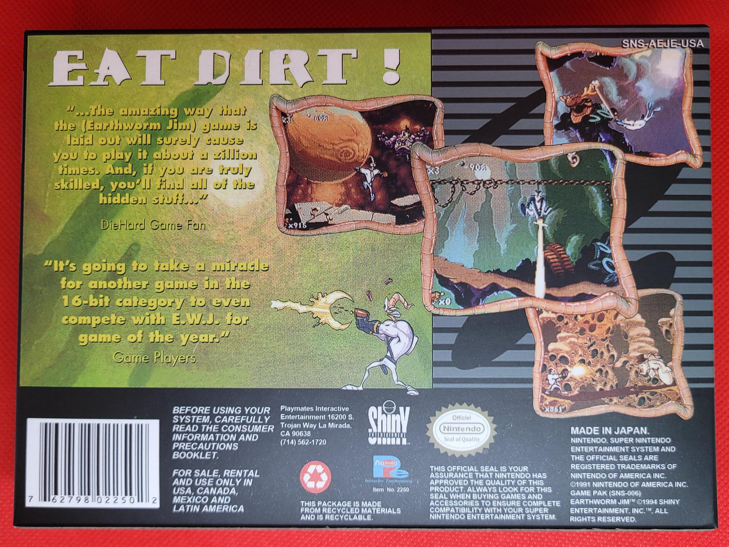 EarthWorm Jim SNES Cart and Box Tested and Working US Version