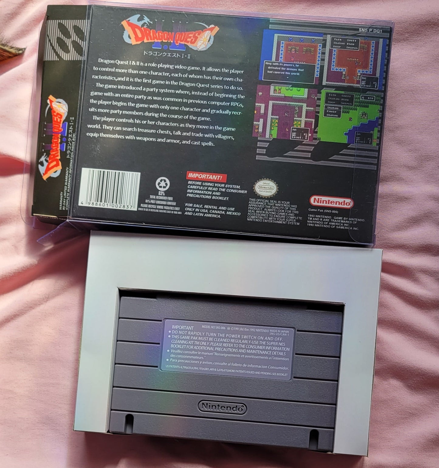 Dragon Quest 1 + 2 SNES Box and Cart NTSC