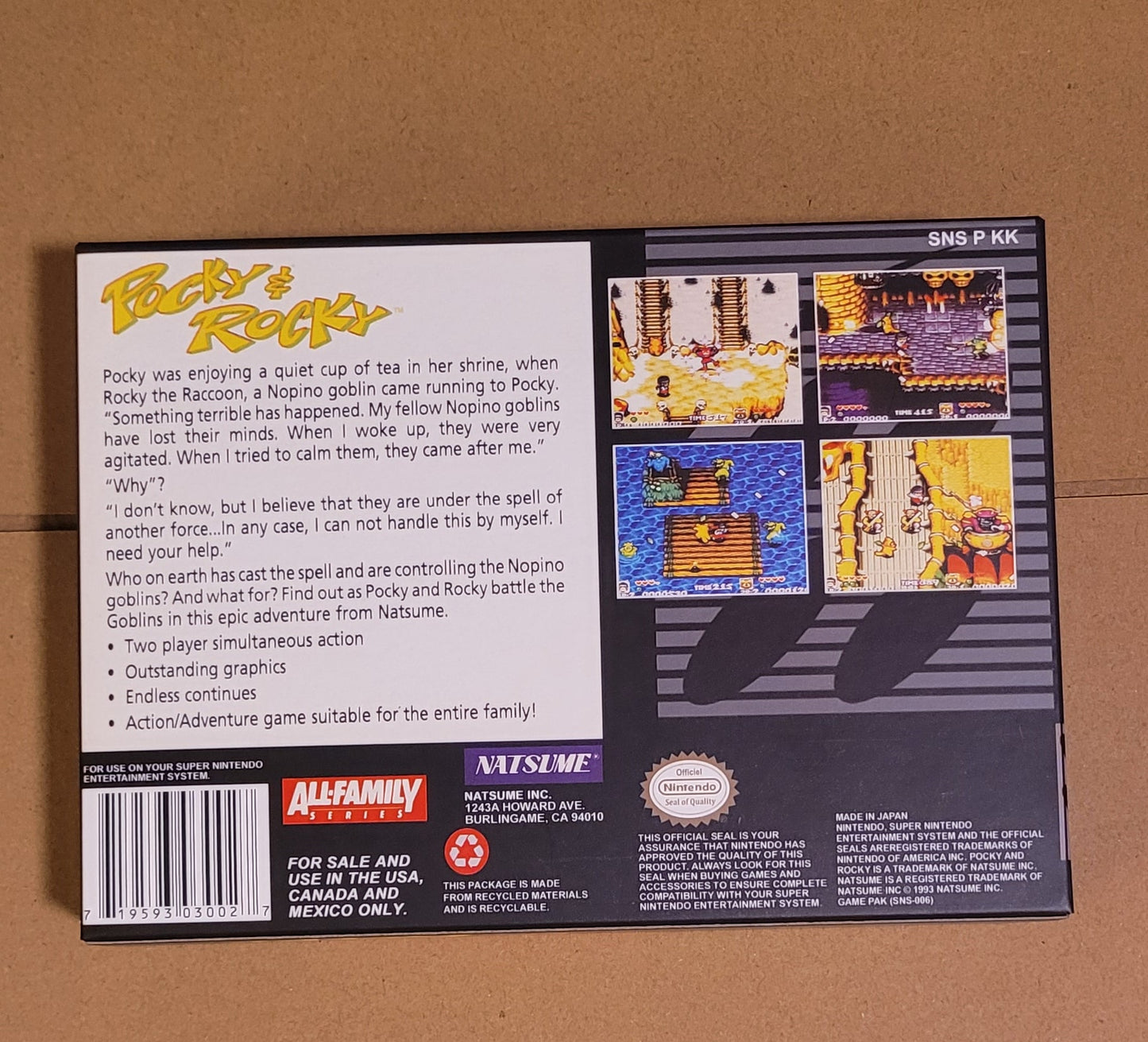 Pocky and Rocky SNES Cart and Box NTSC version