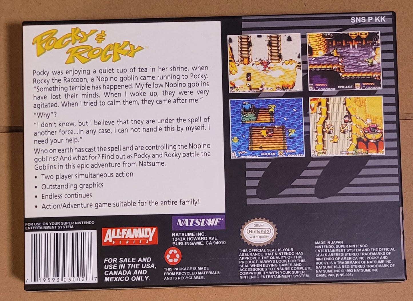 Pocky and Rocky SNES Cart and Box NTSC version